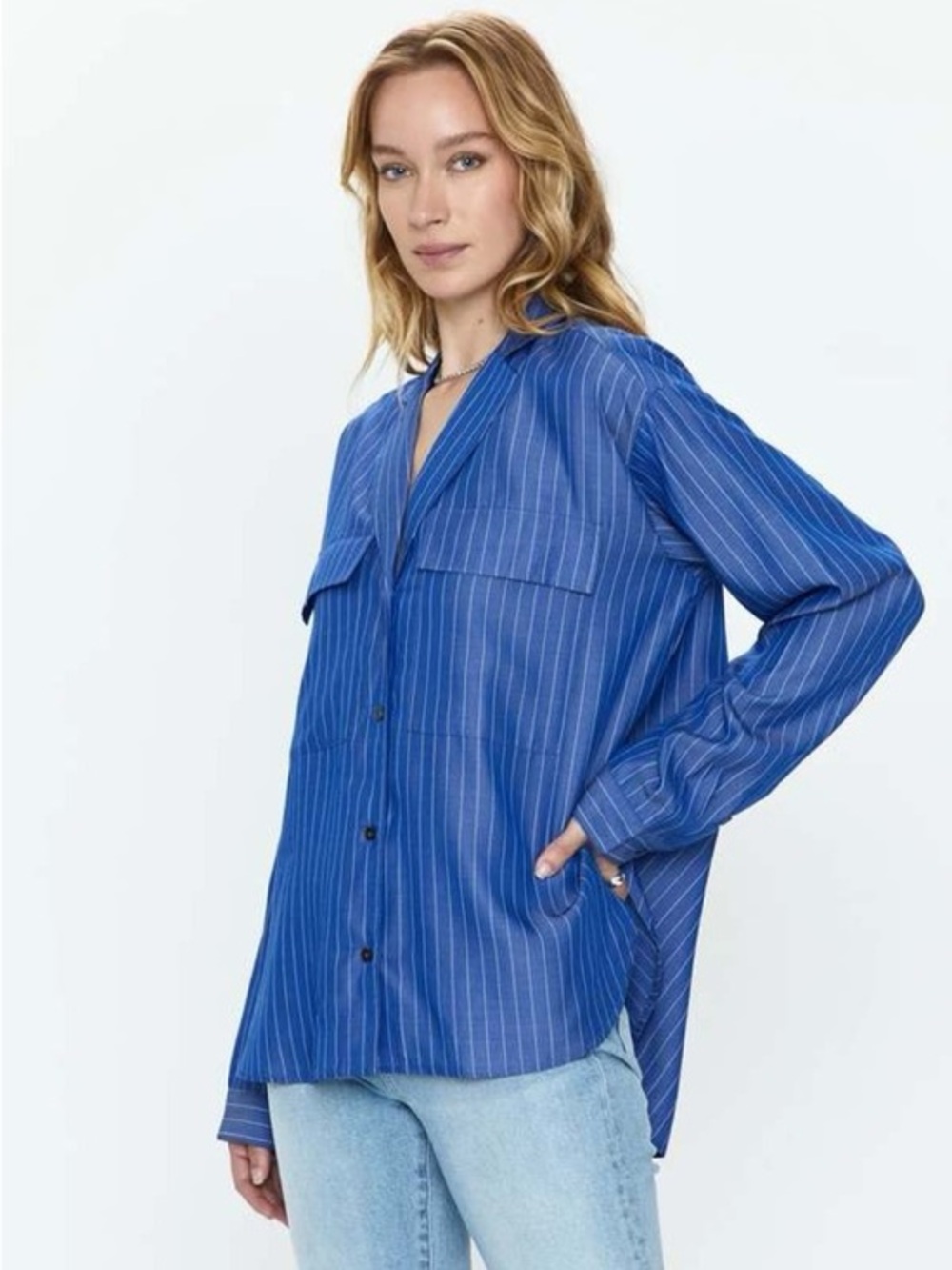 Pistola Irene Effortless Oversized Button Down Top Blue White Pinstripe Tencel S